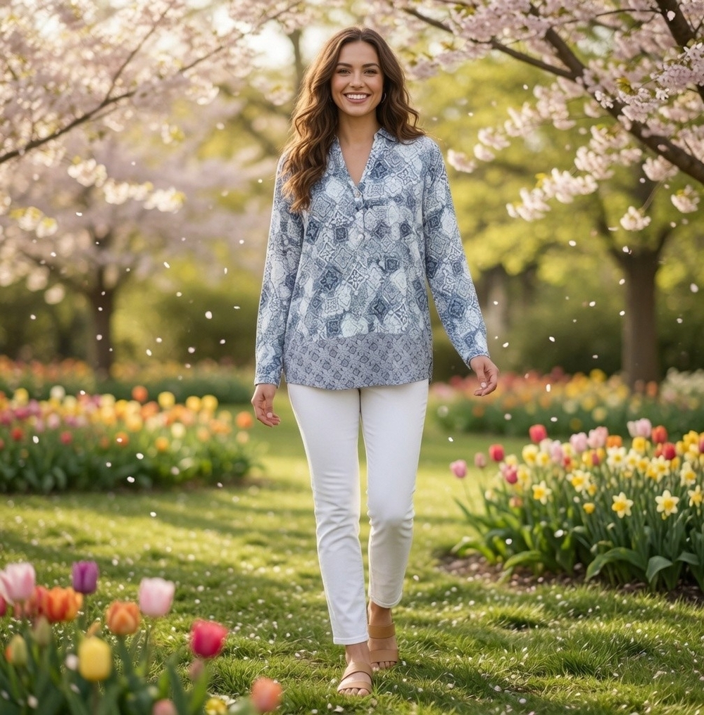 J. Jill Blue Medallion Print Popover Tunic Blouse Long Sleeve Rayon Sz L Petite